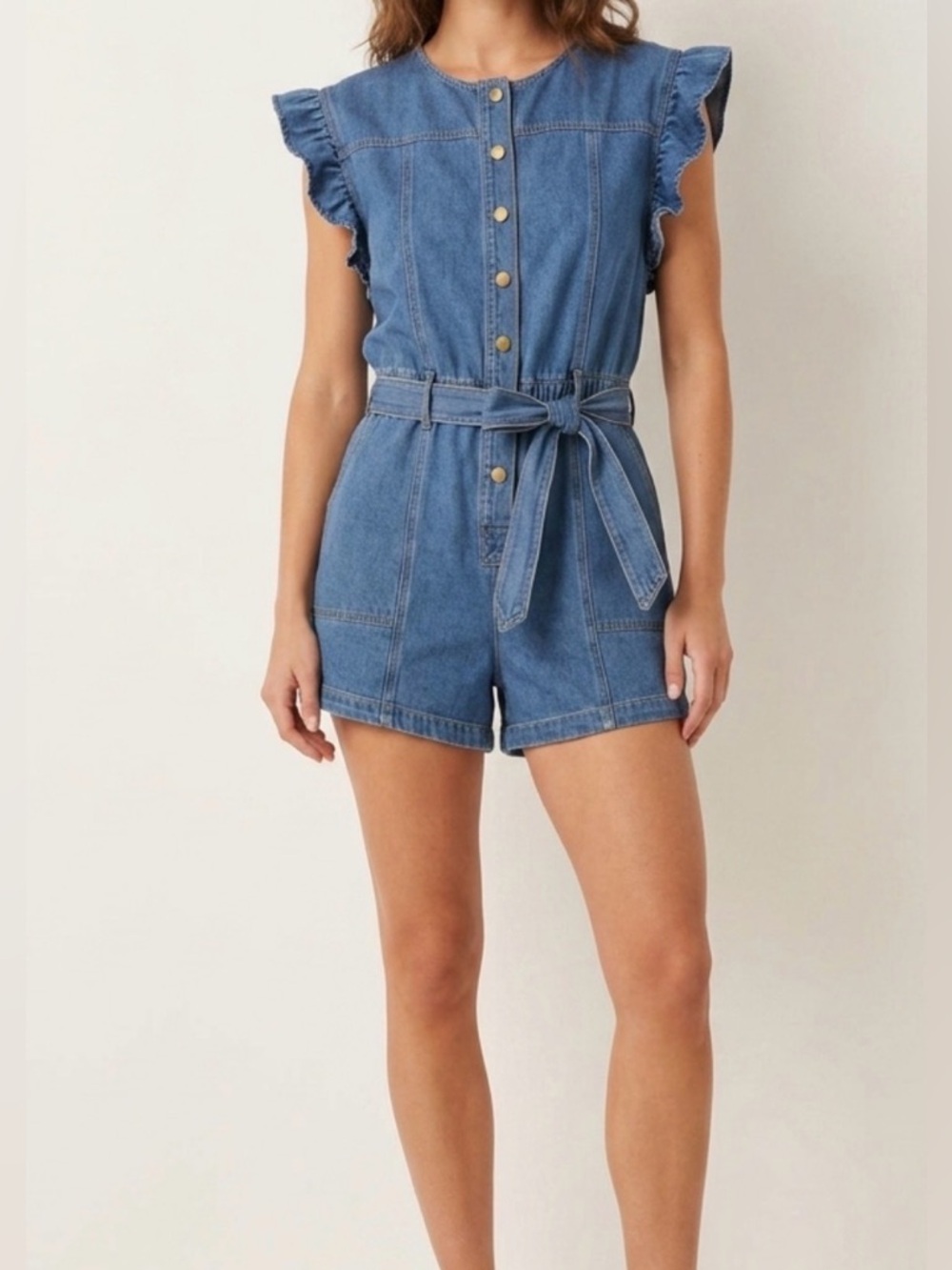 BiBi Denim Blue Ruffle Sleeve Tie-Waist Romper